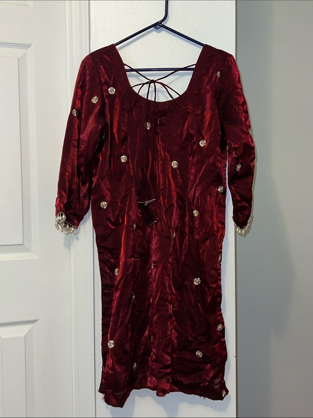 NWOT Embellished Burgundy Satin Dress
